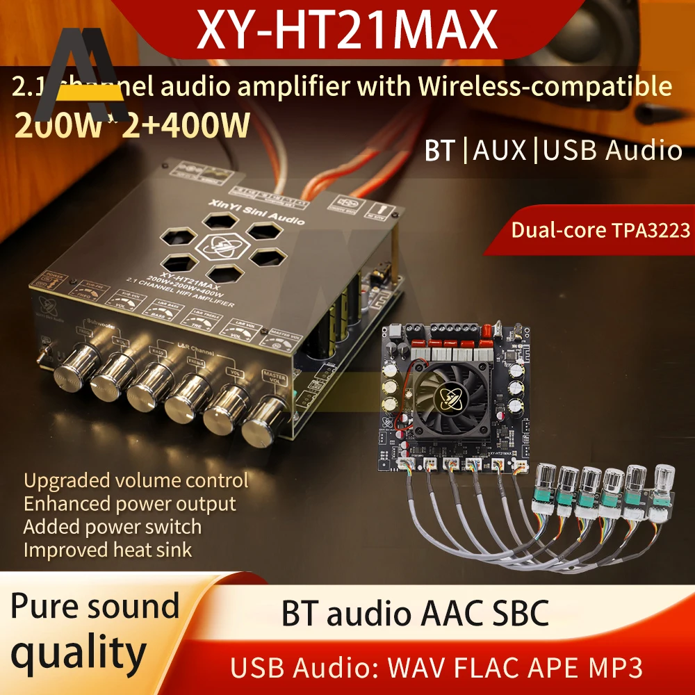 تيار مستمر 12-42 فولت XY-HT21MAX ترقية 2.1 قناة BT مكبر للصوت مجلس 200 واط * 2 + 400 واط تعديل الجهير العالي والمنخفض TPA3223 يدعم التطبيق