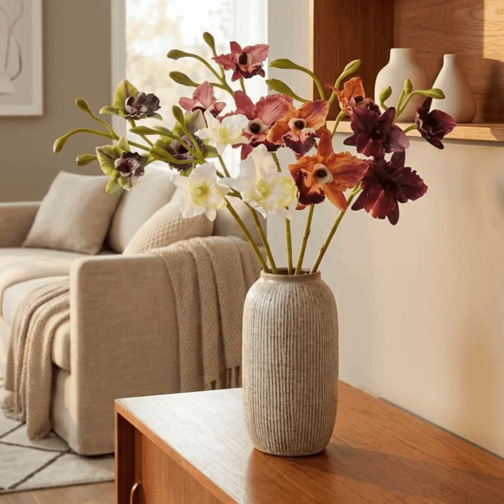 Flores de Orquídea Artificiales Realistas al Tacto, Tallo Largo con Capullos, Orquídea Cattleya, Tallo Resistente a la Decoloración, Hecho a Mano