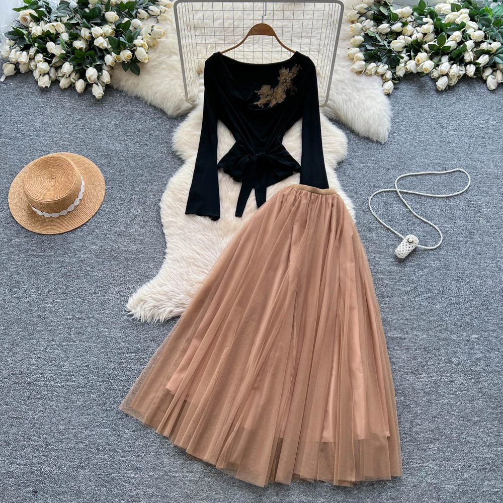 

Шикарный винтажный тонкий элегантный корейский модный комплект с высокой талией и вышивкой, комплект из двух предметов, женская одежда