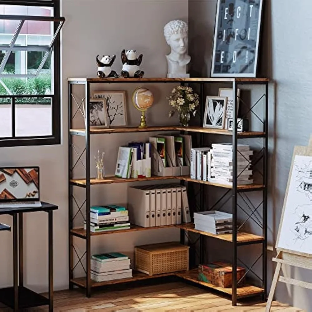 5-Shelf Corner Bookcase, Vintage Industrial Corner Bookshelf Bookcase, 5 Tiers Corner Shelf Storage Rack with Metal Frame