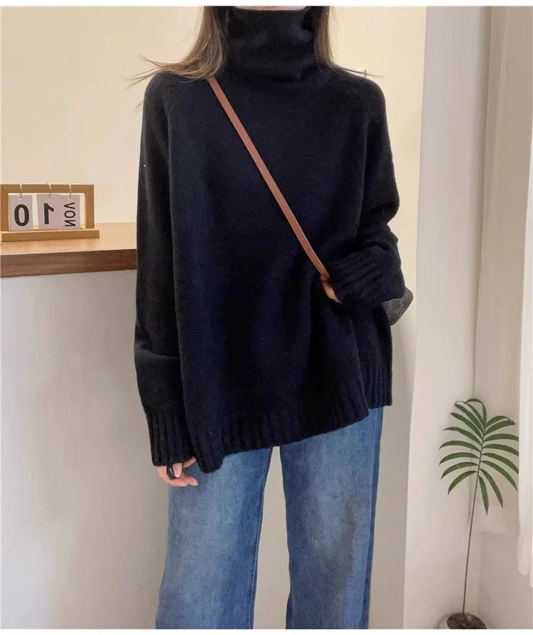 Red Turtleneck Cashmere Sweater for Women, Loose Pullover, Thick, New Year, Lazy Wind, European Goods, 100%, Autumn and Winter