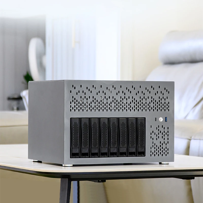 NAS Chassis Equipped with 8 Drive Bays, Aluminum Panel, and ATX Motherboard  Home Storage Server Chassis Compatible with SFX Pow