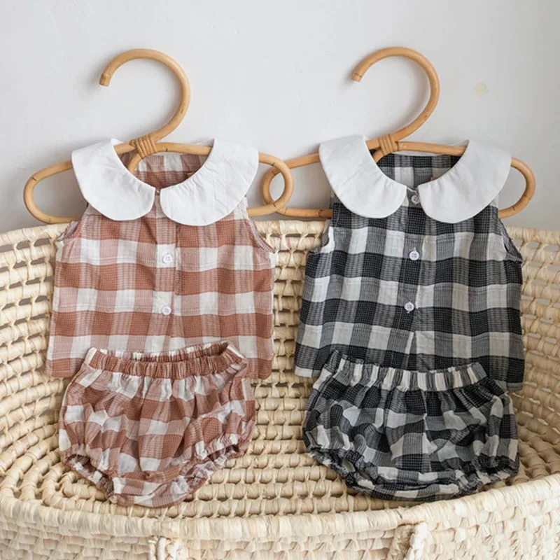 

2024 New Summer Korean Style Children Clothes Suit Sleeveless Cotton Plaid Shirt+PP Shorts Newborn Baby Girls Clothing Set