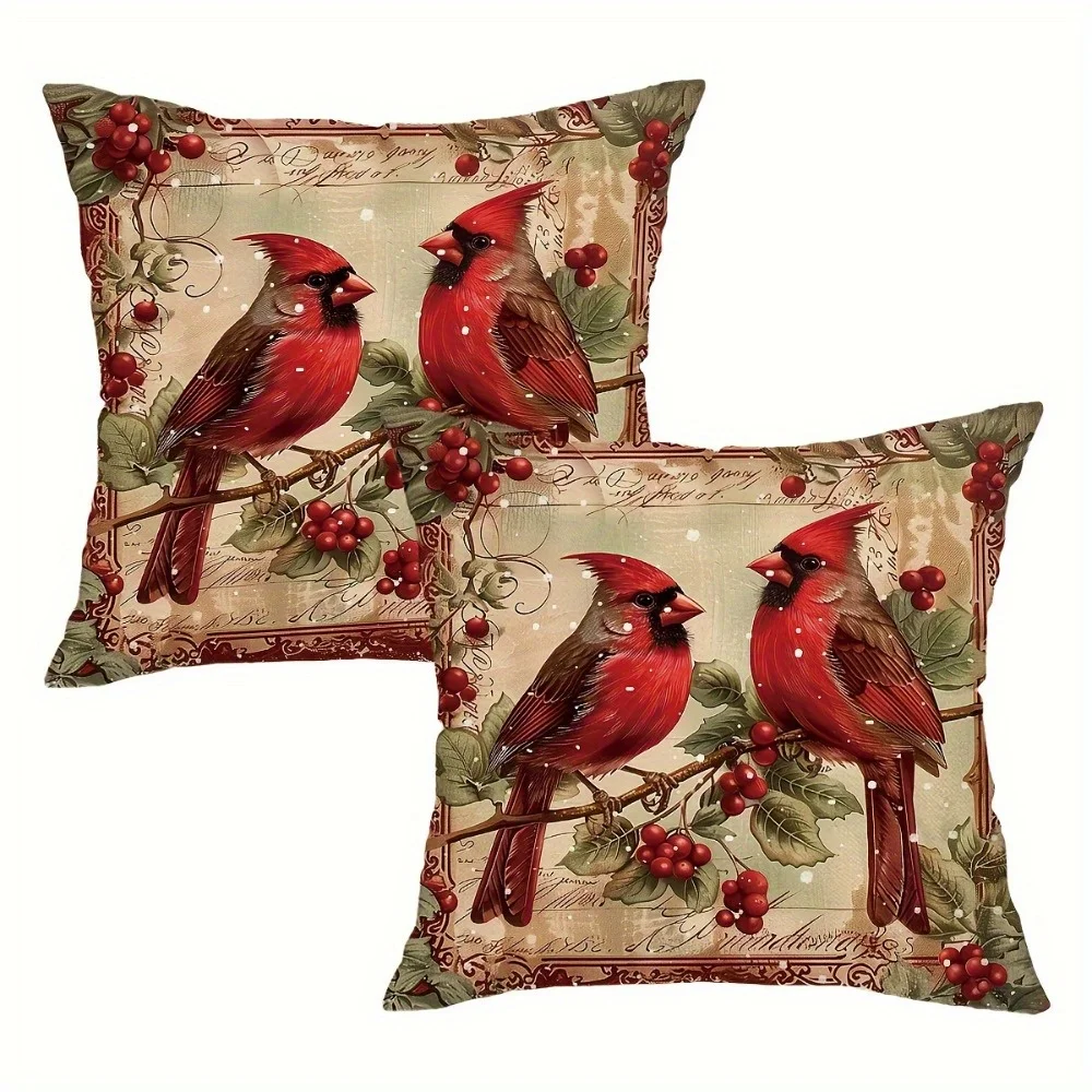 2pcs Vintage Christmas Decorative Pillow Covers - Red Cardinal Berry Holiday Cushion Cases with Zipper Closure Beige Background