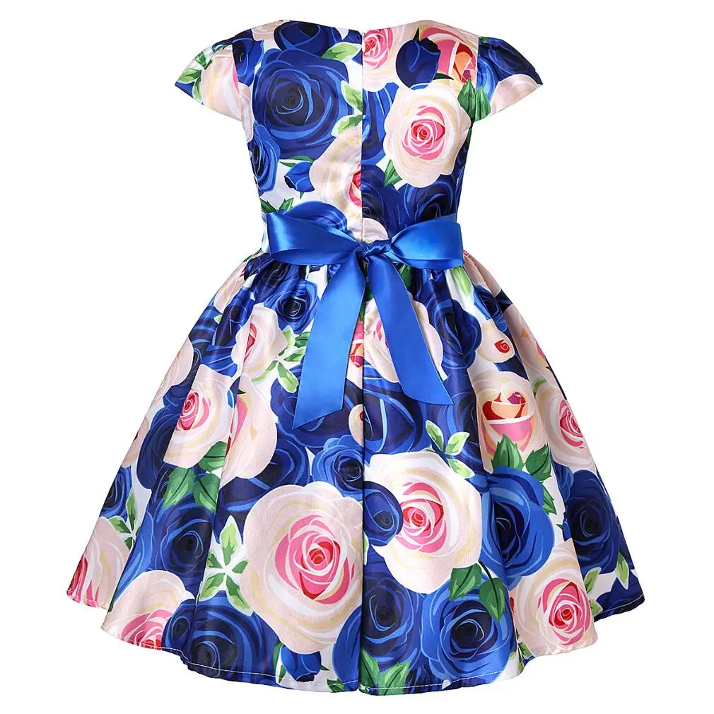 Summer Girls Rose Print Dress Princess Wedding Birthday Party Frocks Satin Children Vestidos Dresses For Girl Christmas Clothing