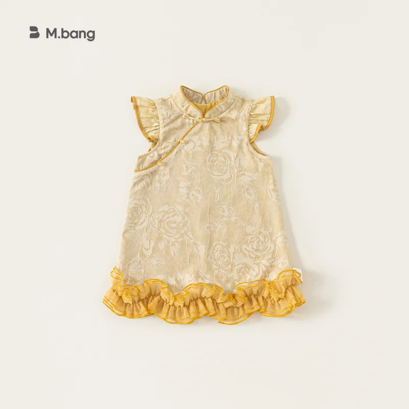 

Youbao Children's Clothing Girls' Dress Summer New Product Small Flutter Sleeve Children's Sleeveless Cheongsam Dress with Lace