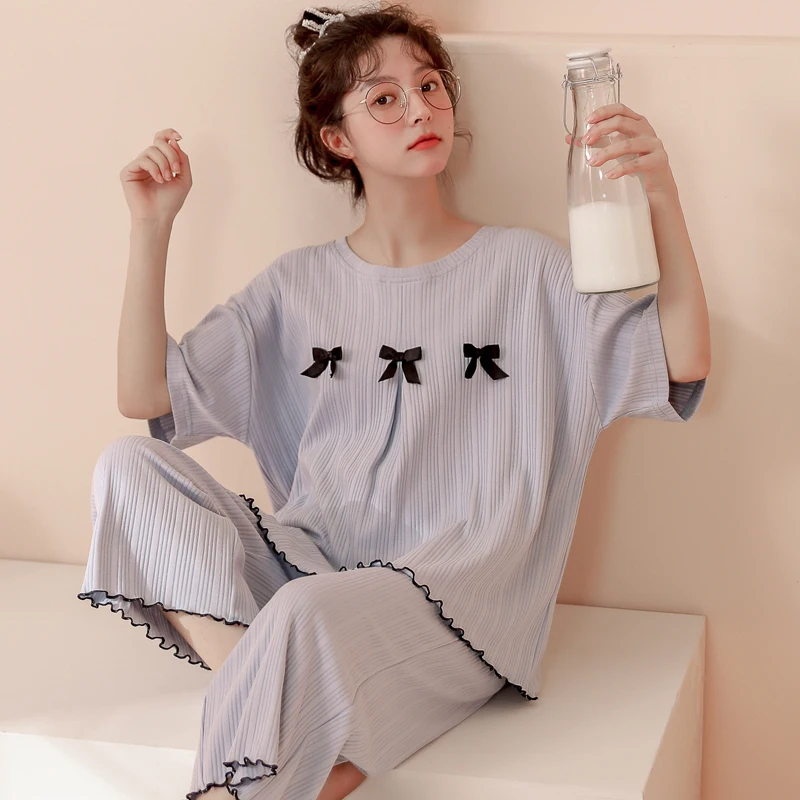 

Pajamas set Women summer cotton Korean loose short-sleeved calf length pants thin two-piece suit students home clothes Sleepwear