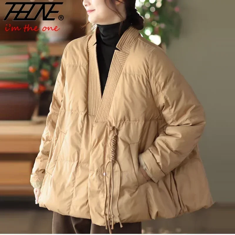 THHONE Winter Jacket Women Coat Parkas Padded Cardigan Thicken V-Neck Vintage Chinese Style Disc Buckle Casual Solid Outerwear