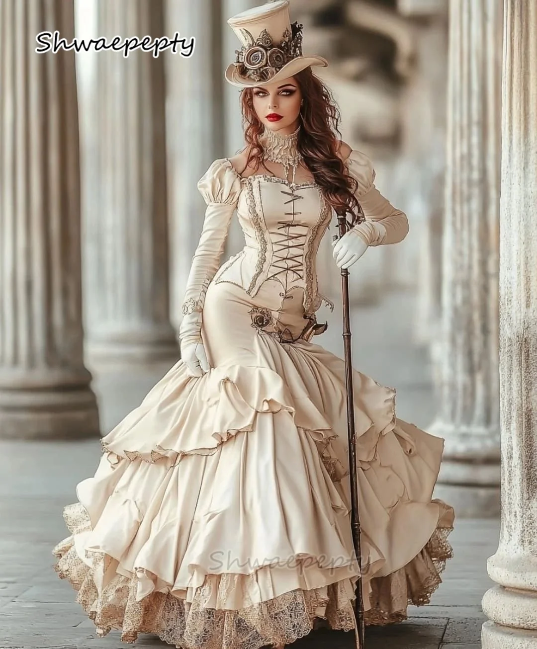 Vintage viktorianisches Meerjungfrau-Abschlussballkleid mit langen Ärmeln, Korsett, schlankes Cosplay-Kostüm, Champagner-Kleid für besondere Anlässe, individuell gestaltet