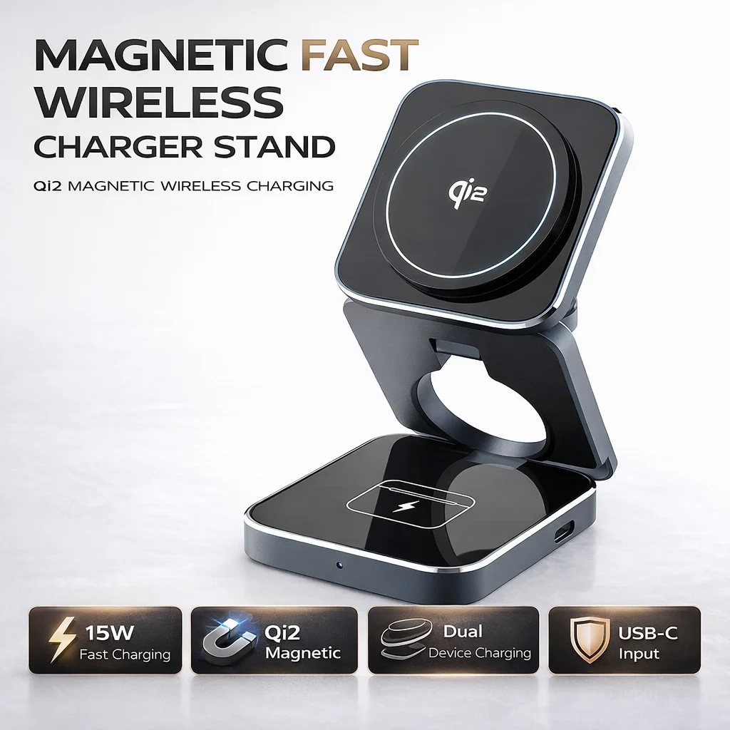 Qi2 3 in 1 Magnetic Wireless Charger Foldable Stand 15W Fast Charging Station for IPhone17 16 15 14 13 Apple Watch AirPods