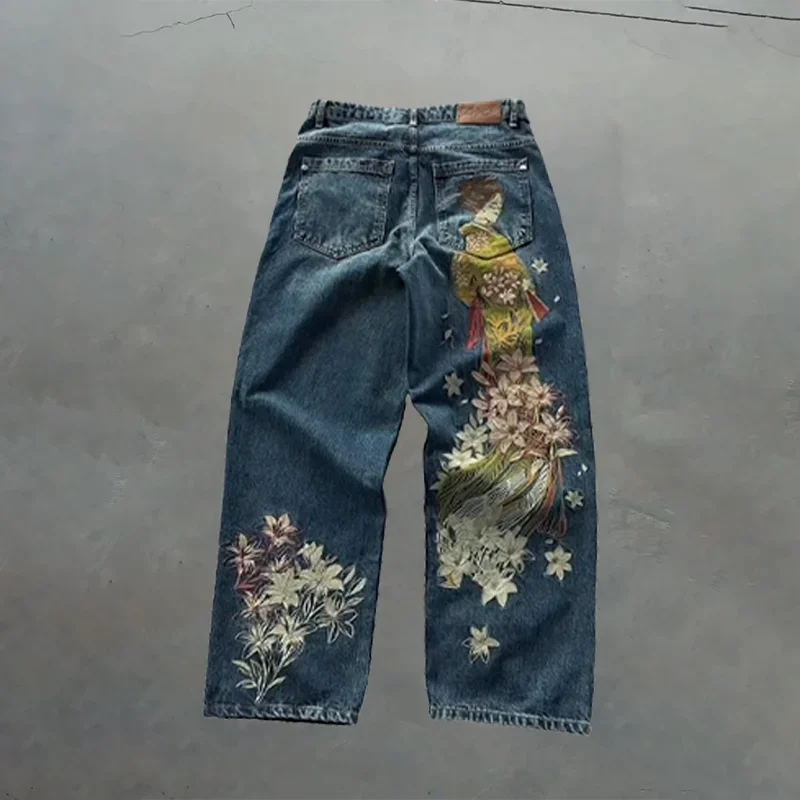 Y2K原宿ジーンズ 新ドラゴン刺繍 高品質ジーンズ 2000年代 ゴシック ヴィンテージ ヒップホップ ストリートウェア デニム生地 ワイドレッグパンツ