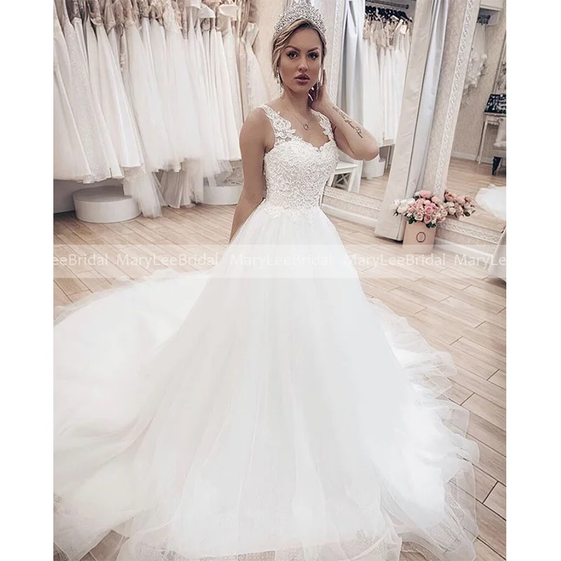 

Customized A-line Wedding Dress With Sheer Straps New Australia Church Corset Bridal Gown Cathedral Train Vestido De Casamento