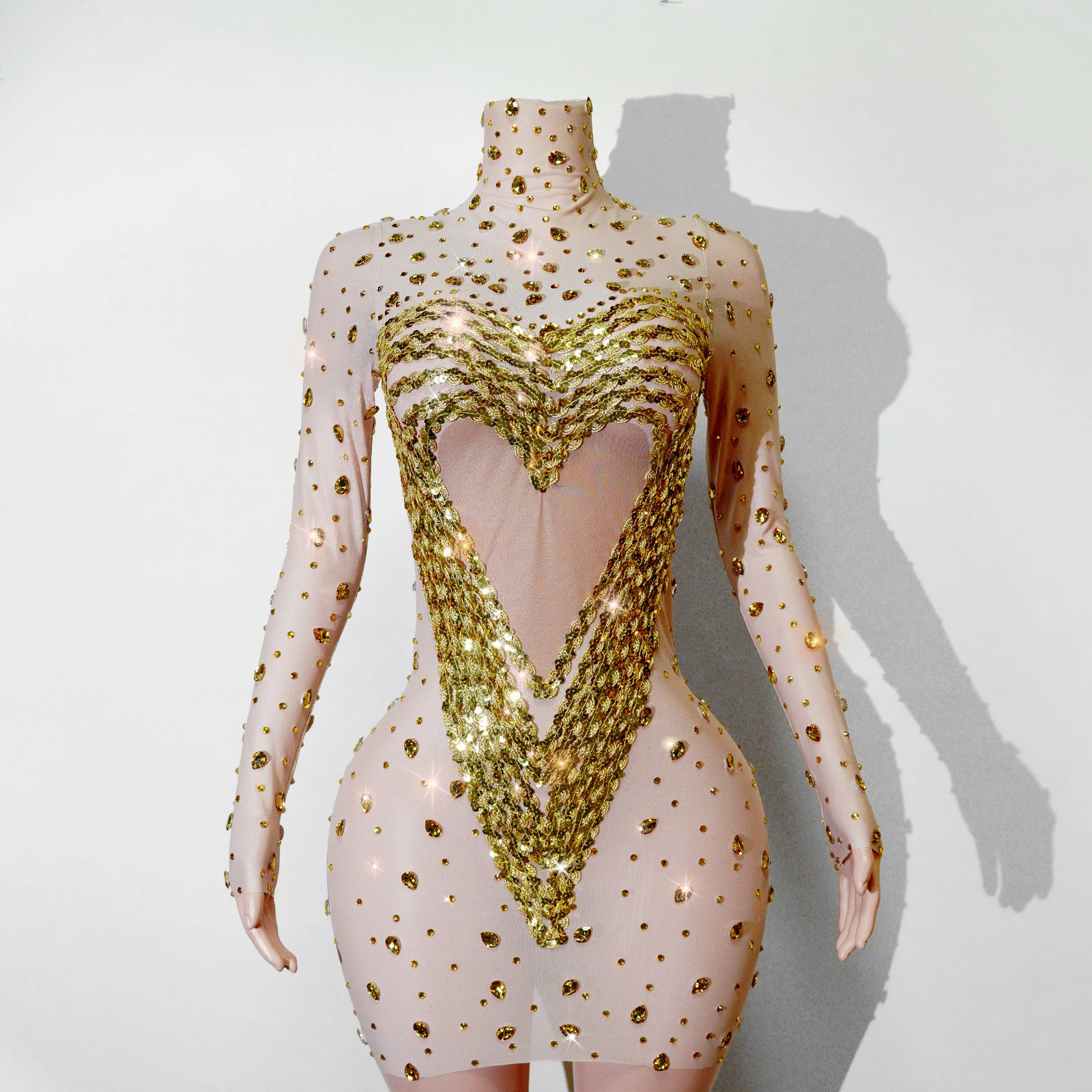 

Роскошное золотое платье с кристаллами и пайетками, сетчатое, эластичное, с длинными рукавами, сексуальное вечернее платье для дня рождения, костюм для выступлений на сцене в стиле дрэг-квин