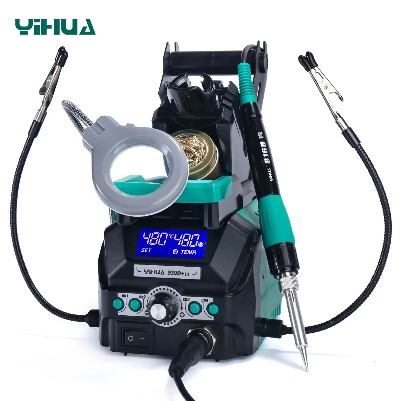 محطة مكواة لحام 110 وات YIHUA 939D+ III مع مكبر LED 2 تمساح 4 قنوات ينو 200 ℃ ~480 ℃   أداة إعادة صياغة ديسولديرينغ