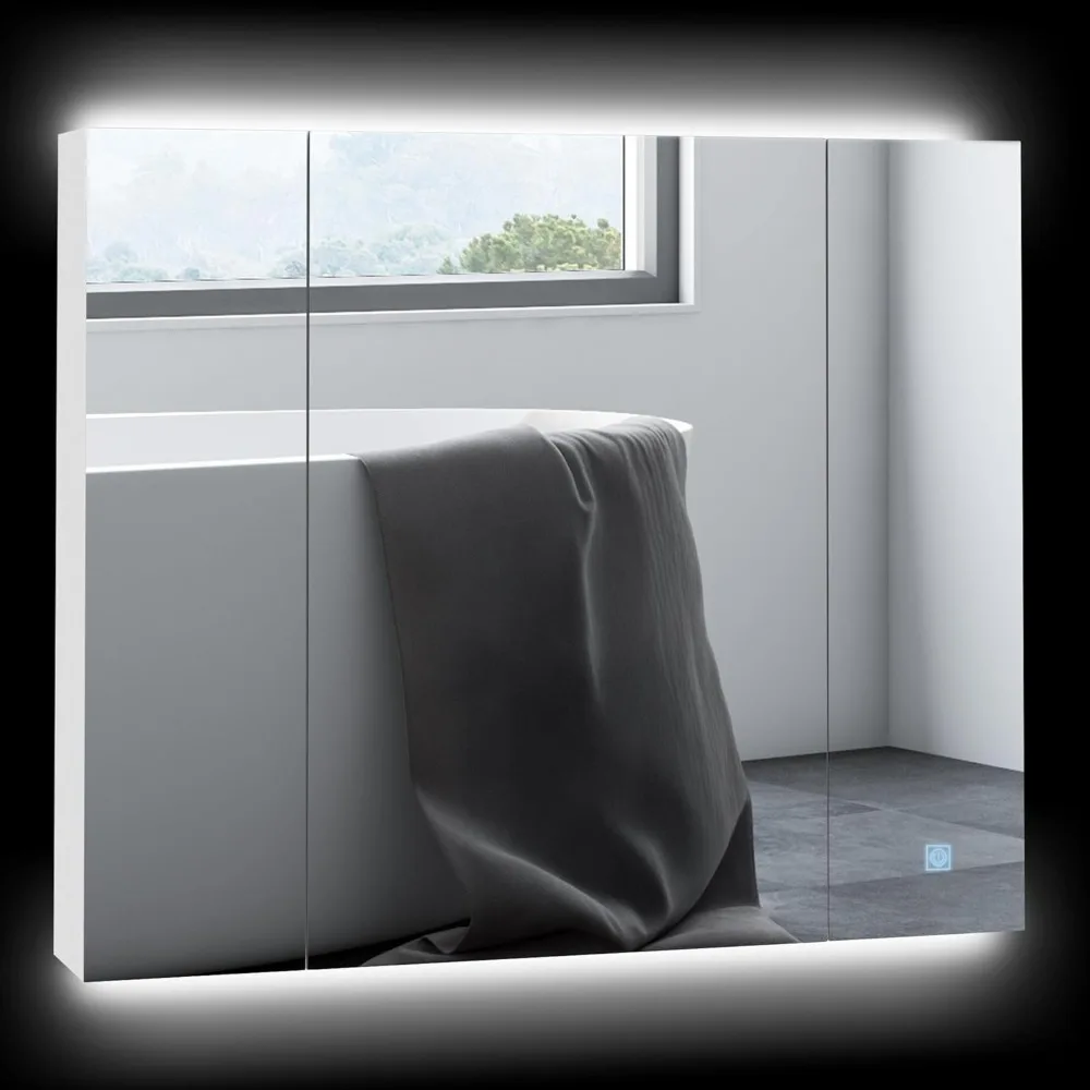 kleankin LED Medicine Cabinet, 35.5 x 29.5 Wall-Mounted Bathroom Vanity Mirror Organizer with Dimmer Touch Switch, Three Doors,