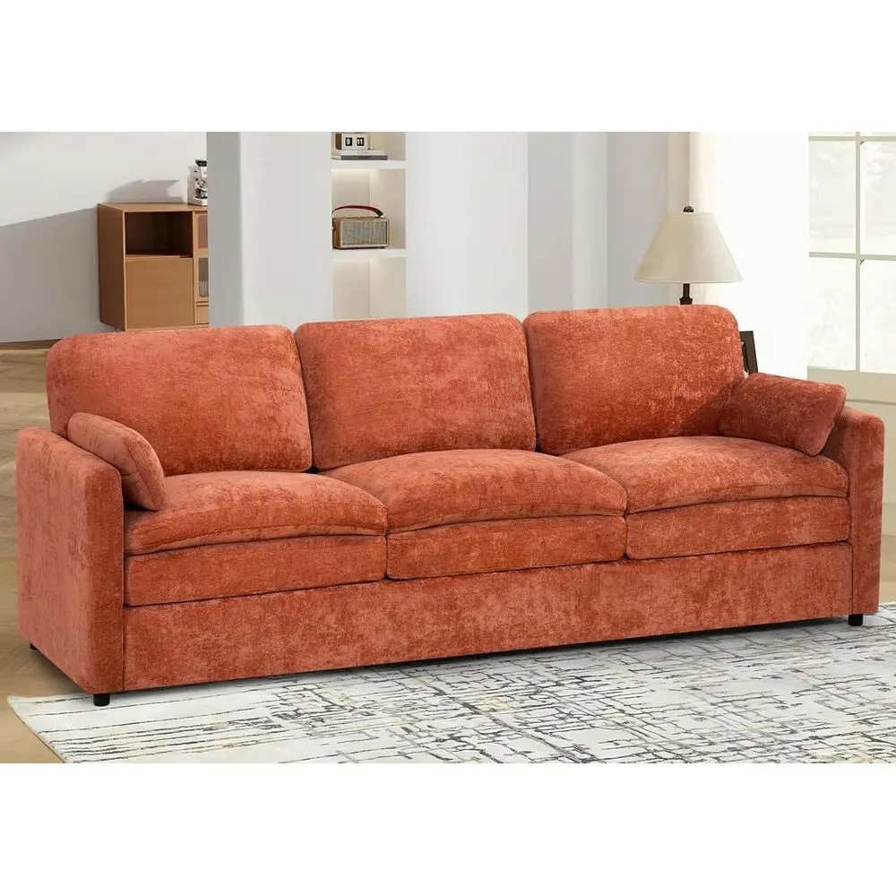 أريكة شانيل حديثة بثلاثة مقاعد مع وسادتين، راحة جلوس عميقة، وسائد سميكة، أثاث غرفة المعيشة باللون البرتقالي