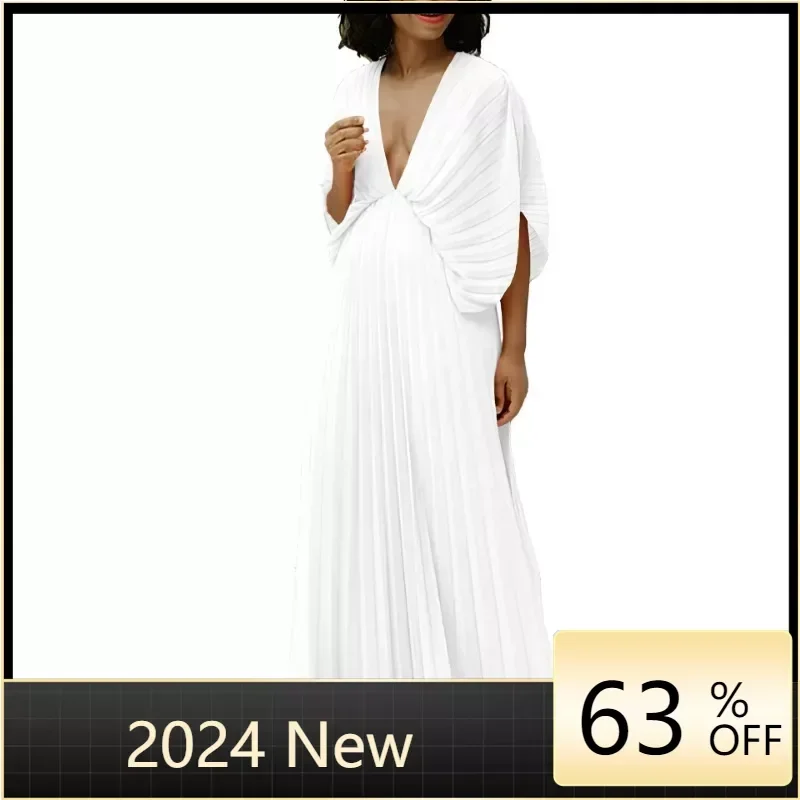 

Bat Sleeve V-neck African Pleated Dresses For Women 2024 Summer Long Dress Plus Size Clothing Party Robe Femmes African Clothes