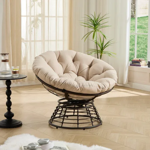 ！@Comfortable Ergonomic Steel Papasan Chair 360 Swivel Modern Portable Outdoor Soft Thick Cushion Brown Frame Beige Cushion