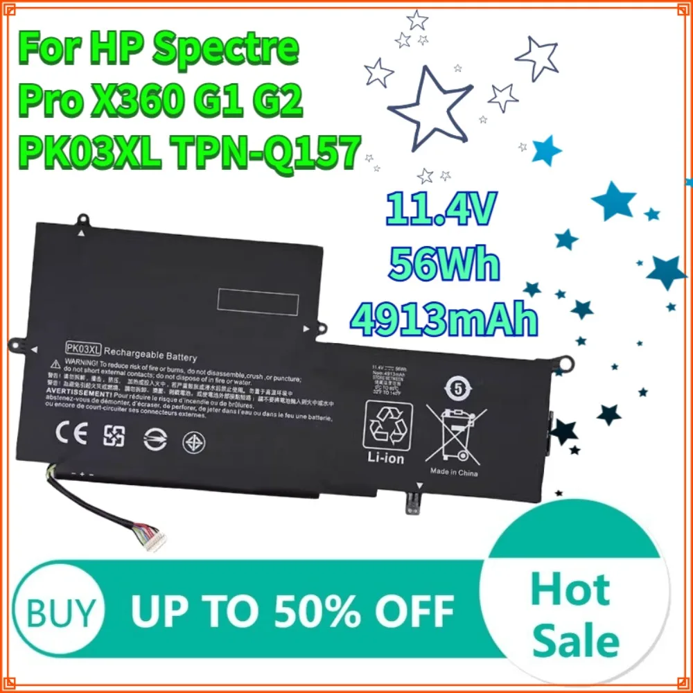 

11.4V 56Wh 4913mAh Battery PK03XL For HP Spectre Pro X360 G1 G2 PK03XL TPN-Q157 Laptop Battery