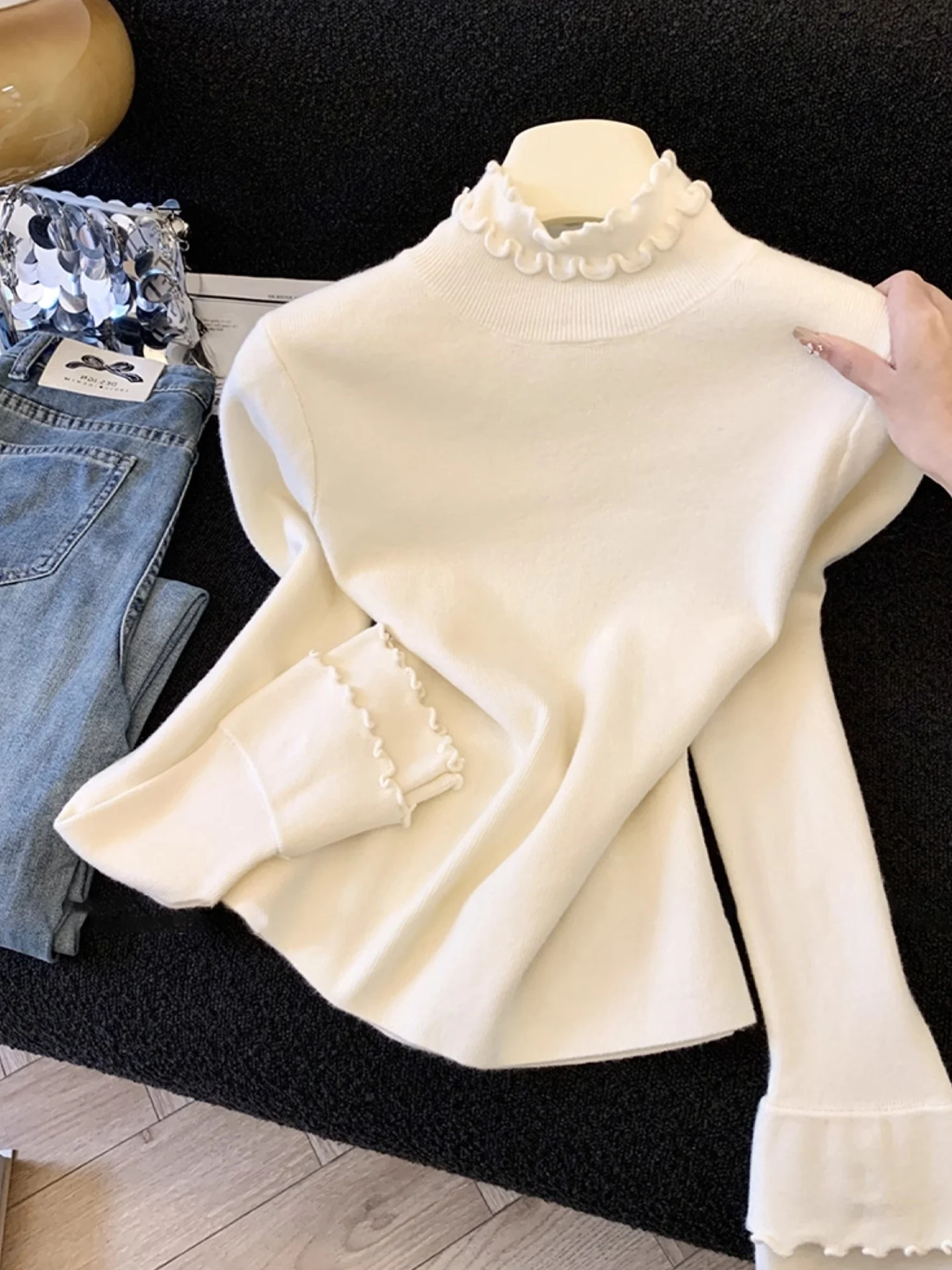 

Sweet Knitted Long Sve Top Women's Slim Fit Inner Wear Base irt Winter Faionable Sle Commute Korean Version Poiret E...