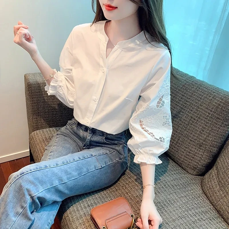 Women Heavy Industry Embroidered Bubble Lantern Shirt Tops Early Autumn Attire Female V-neck Seven Points Sleeve Chiffon  Blouse