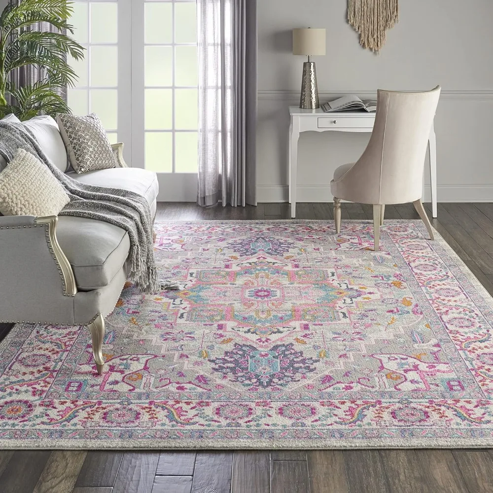 

Bohemian Light Grey and Pink Area Rug, Easy Cleaning, Non Shedding, Bed Room, Living Room, Dining Room, 8x10'