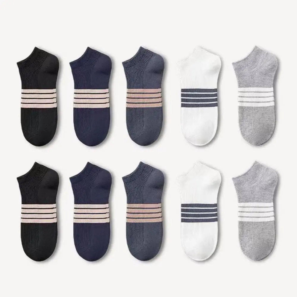 10Pairs Elastic Patchwork Ankle Thin Socks Cotton Breathable Striped Invisible Socks Anti-slip Hosiery Men's Tube Socks Men