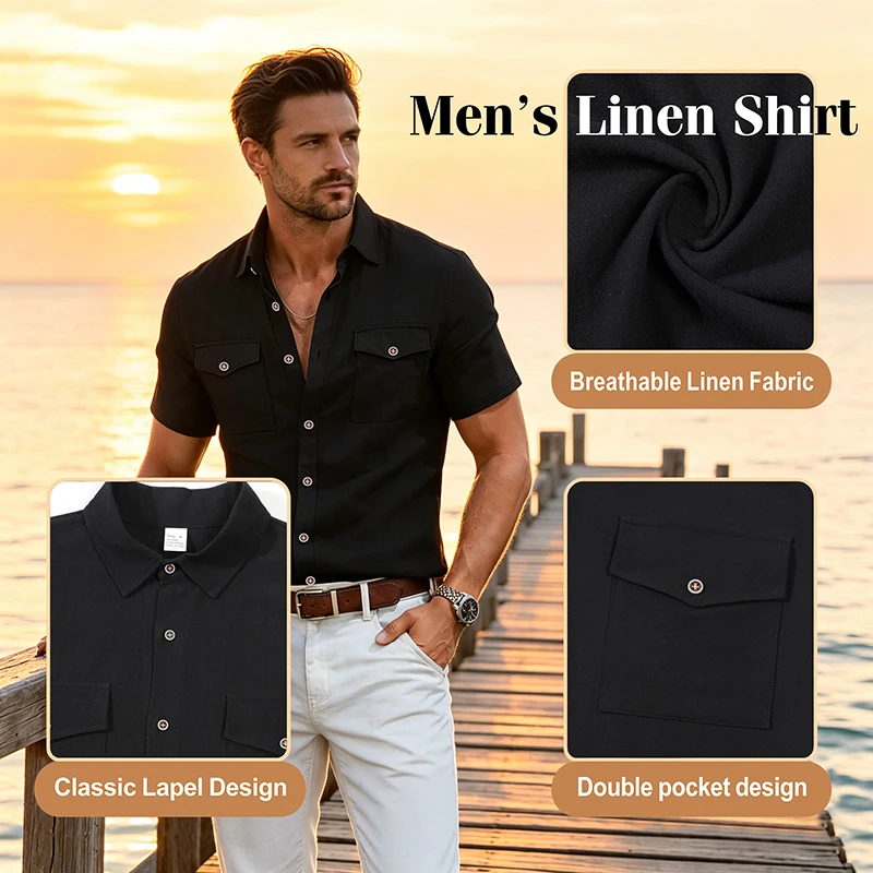 Men's Linen Casual Short Sleeve Shirt Lapel Collar Button Lightweight Breathable Summer Daily Beach Vacation Work Shirt for Men S6254a230391f46dbb7f480e04c313f416