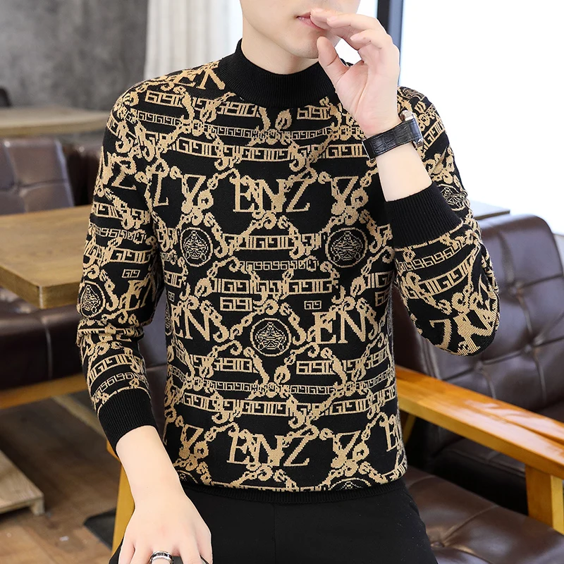 

Мужской трикотажный свитер с высоким воротником, облегающий, теплый, модный, повседневный, класса люкс