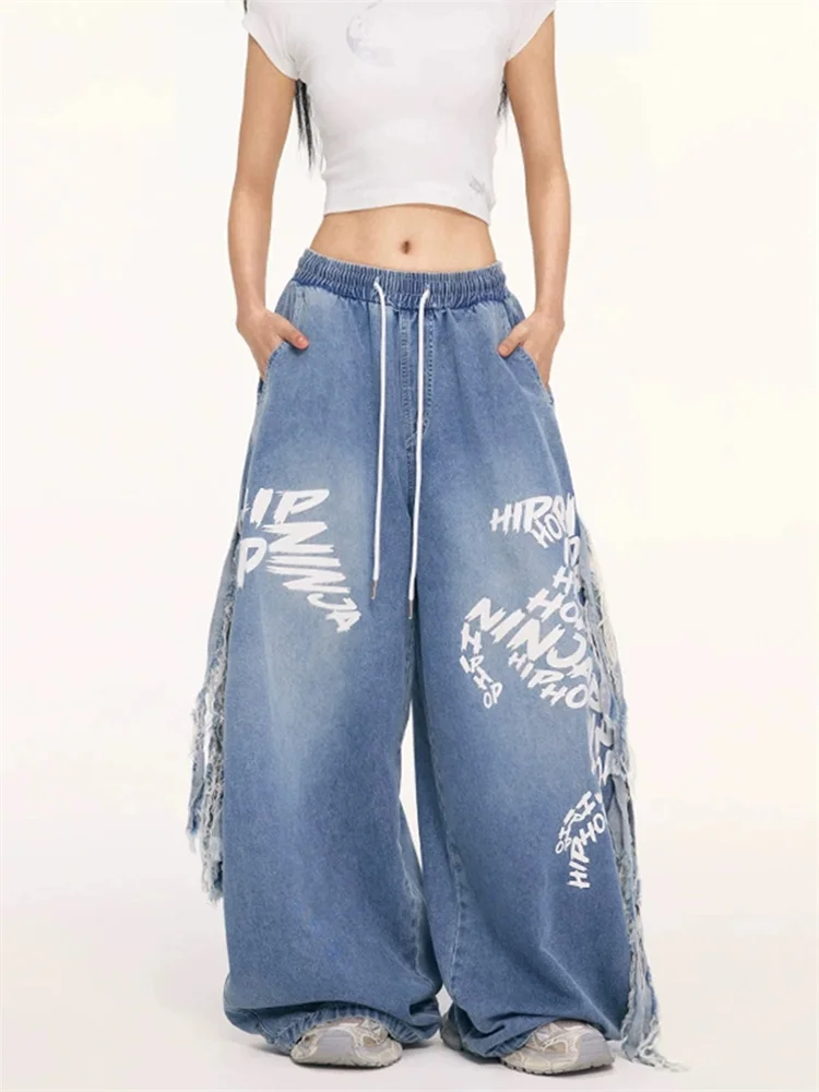 American Vintage Washed Blue Autumn New Hip Hop Dance Jazz Jeans Wide Leg Pants for Women
