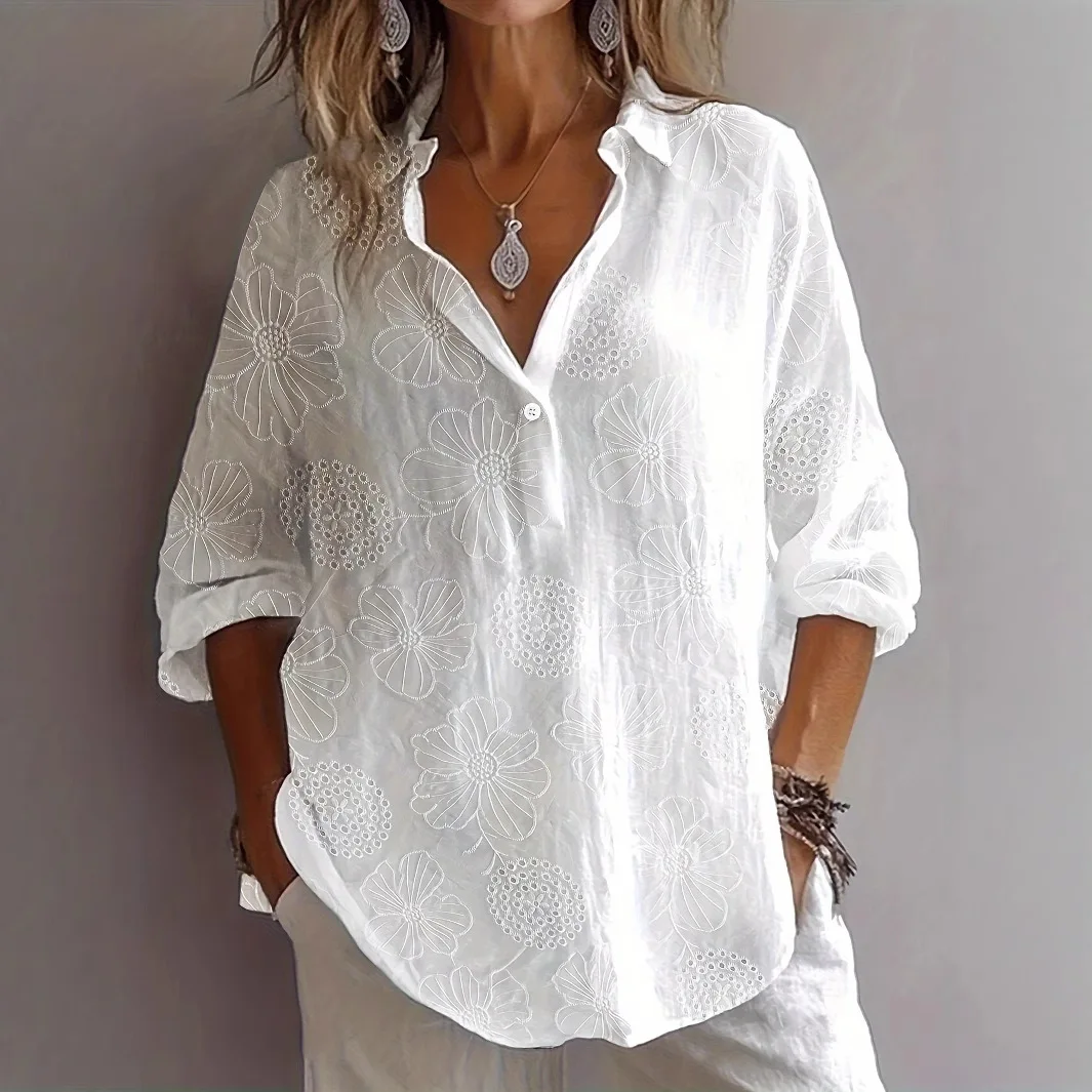 

Women's Blouse Floral Hollow Out Long Sleeve Turn Down Collar White Button Casual Vintage Minimalist Blouse Shirt Tops Autumn