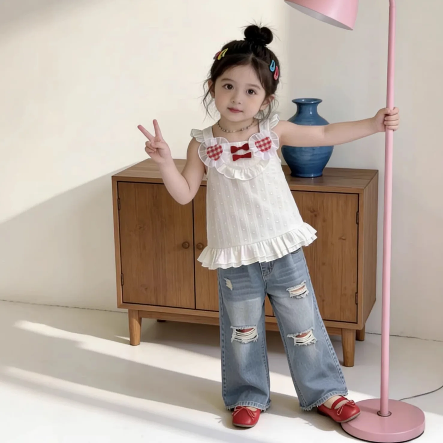 Girls Set 26 Summer New Love Bow Flying Sleeve Top Summer Fashion Jeans