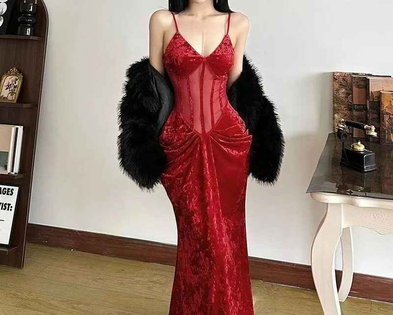 2025 عيد الميلاد السنة الجديدة رداء خفيف فاخر مثير شبكة الربط فستان جميل الظهر المرأة #4