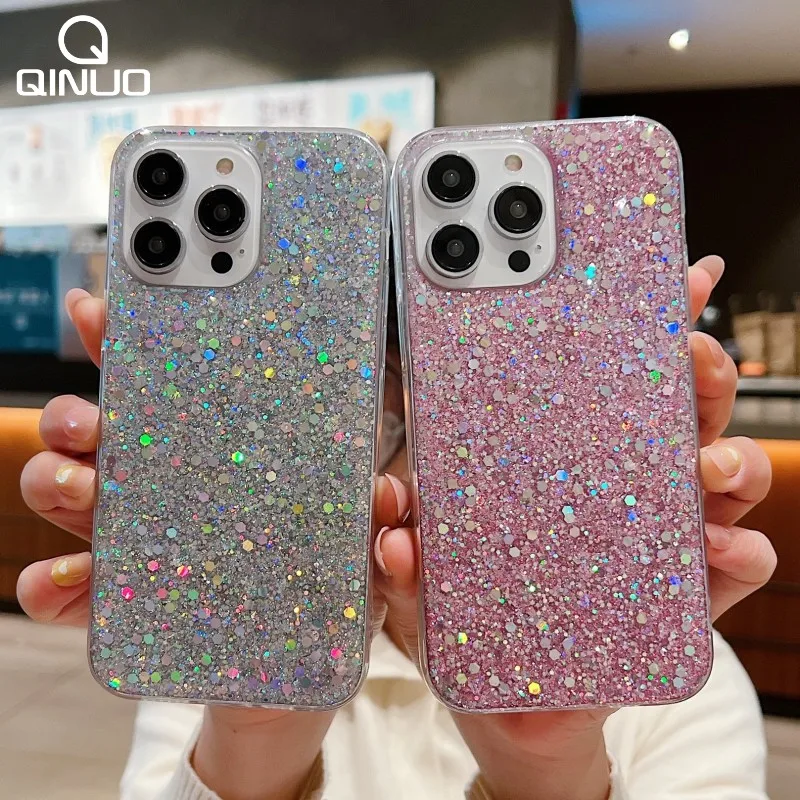 Bling Glitter Phone Case For iPhone 15 14 Plus 13 12 11 Pro Max Mini 6 6S 7 8 Plus X XR XS Max Shiny Sequins Soft Silicone Cover