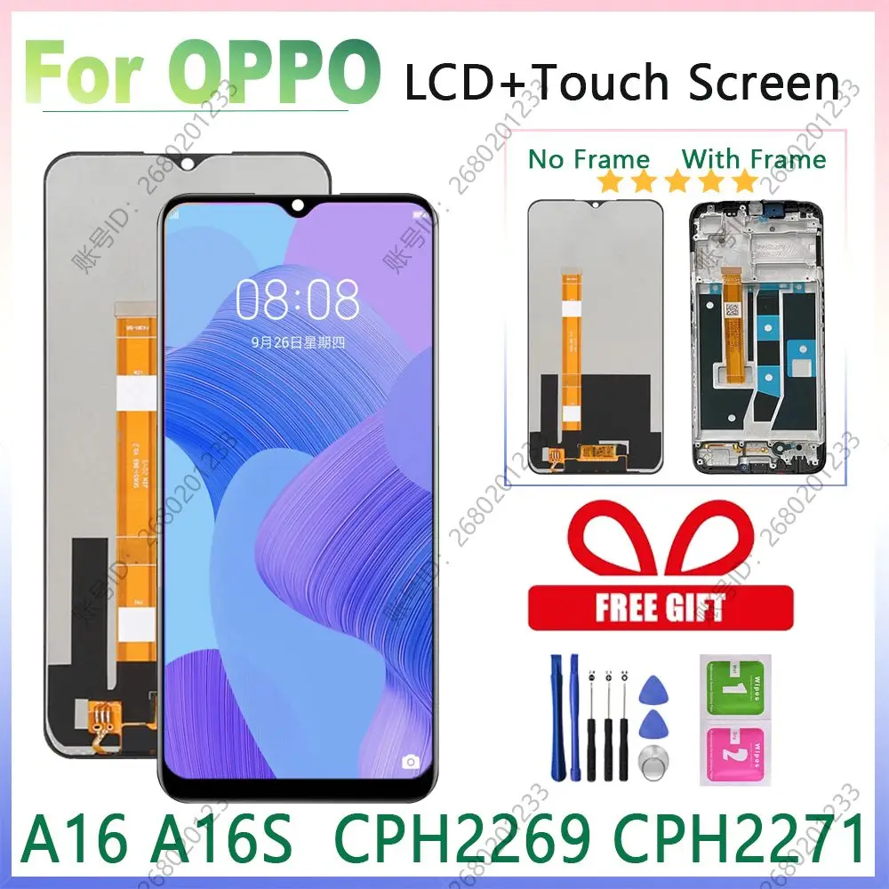 

6.52" New For Oppo A16 A16S LCD Display Touch Screen,For CPH2269 CPH2271 Display Replacement with Frame,For OppoA16 Replace