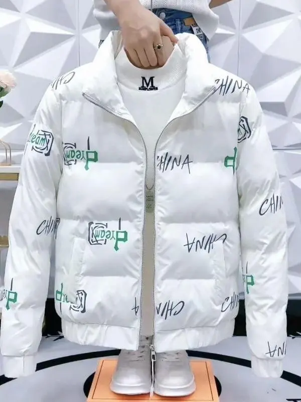 

New Winter Thiened Stand Collar Printed Letter Cotton Jaet Men's Slim Fit Wa Tee Anti- Korean Sle Outerwear