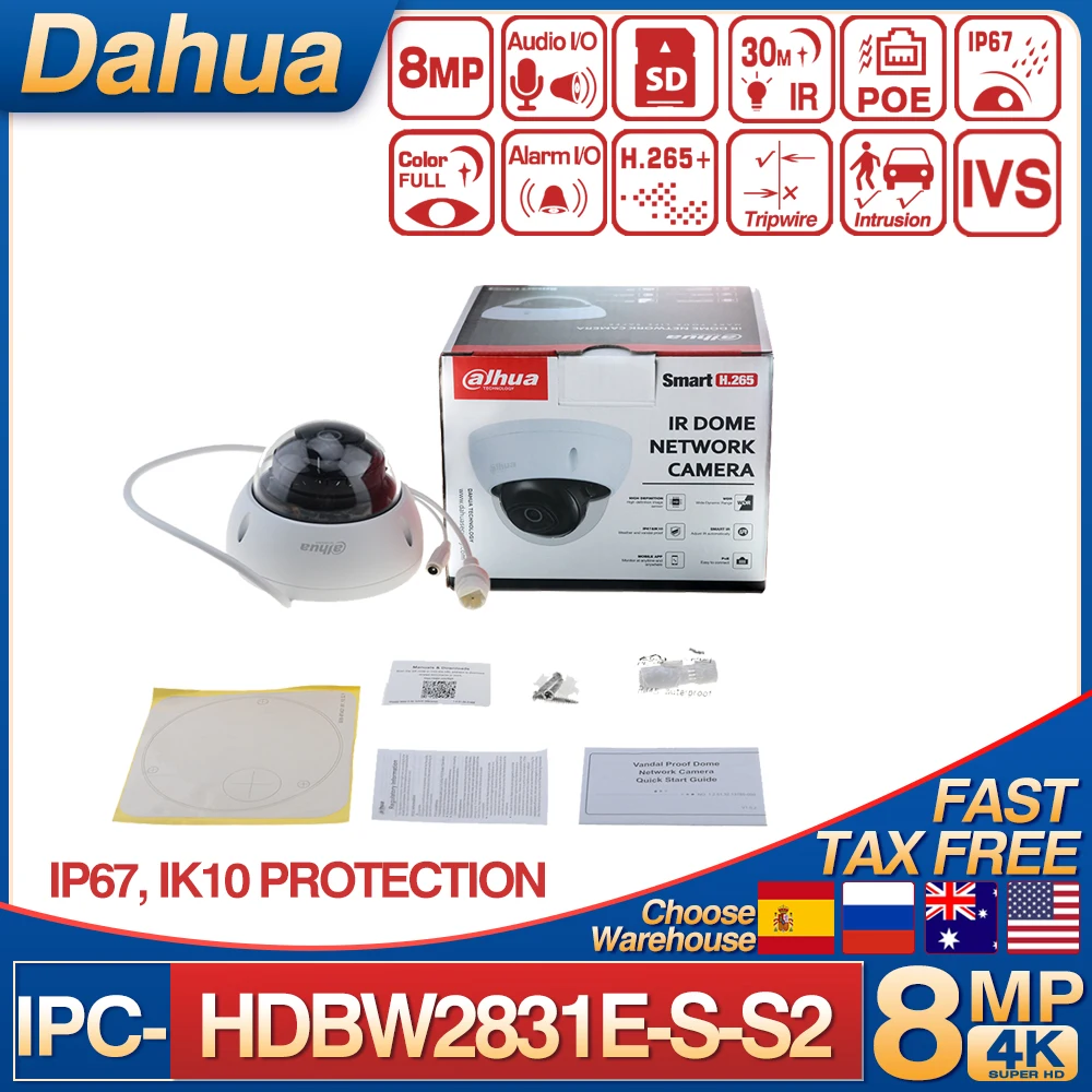 Dahua 4K 8MP IR 30M Dome Surveillance IP Camera IPC-HDBW2831E-S-S2 Fixed-focal Starlight IVS IP67 IK10 Protection Network Camera