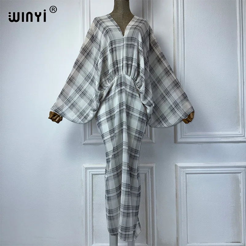 WINYI prospettiva con scollo a v vestito sexy classico stampa scozzese donna sciolto vacanza spiaggia cover up Party Kaftanabaya dubai luxury