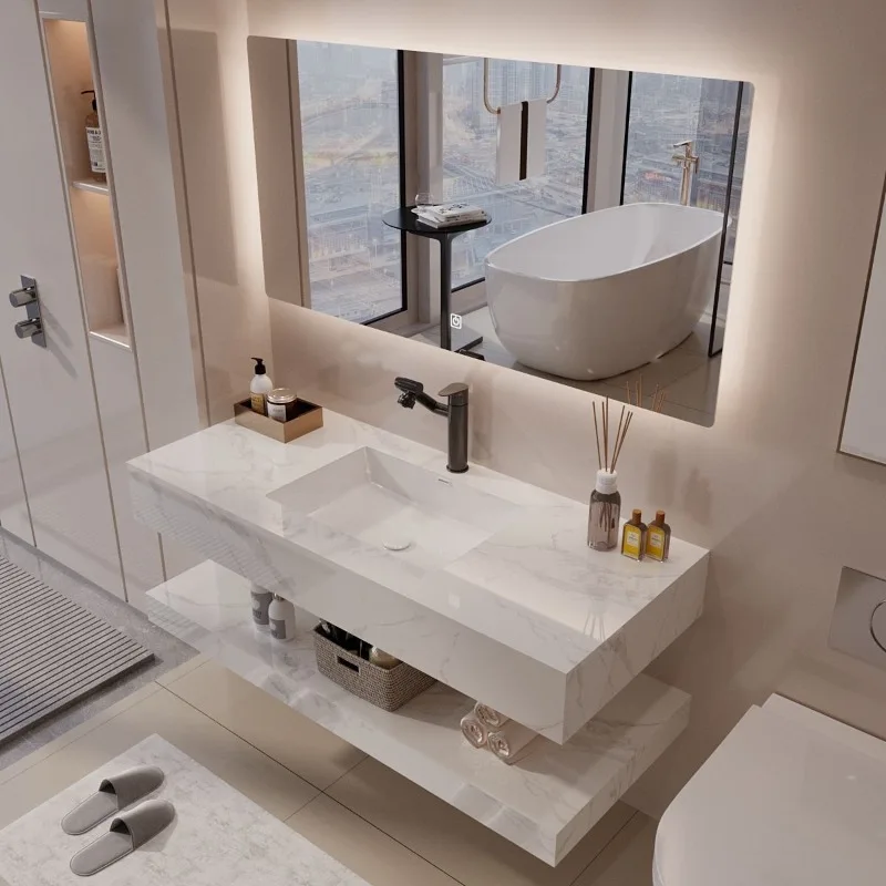 2025 Modern Wall-Mounted Bathroom Vanity Smart Mirror Ceramic Basin Apartment Use Hotel 5-Year Warranty Easy Installation