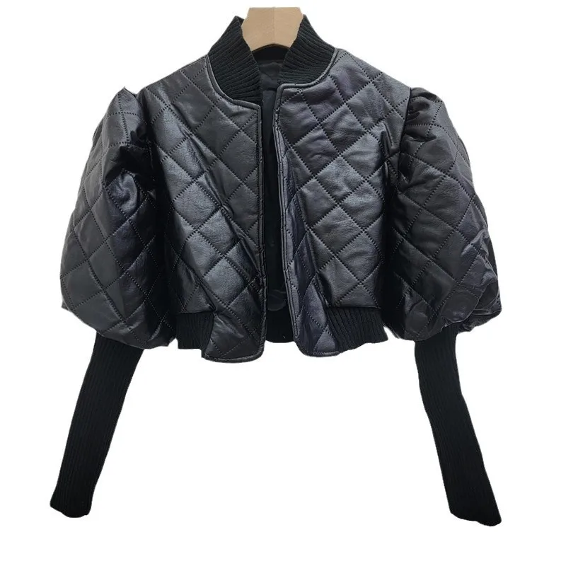 Chaqueta elegante de piel sintética empalmada con manga tejida para mujer, abrigo acolchado de PU con diamantes para primavera y otoño, cárdigan, Tops cortos de cintura alta 2024