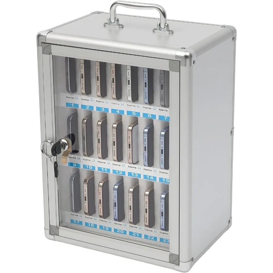 24 Slots Cell Phone Locker, Aluminum Alloy Cellphone Locker Box with Lock Cellphone Storage Cabinet Cell Phone Storage Box for