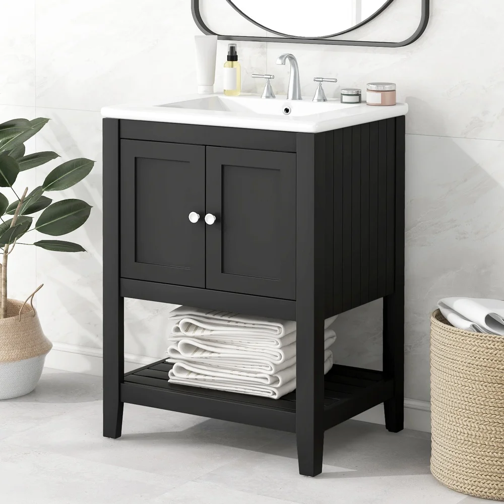 

24" Black Modern Bathroom Vanity with Ceramic Sink Open Shelf Elegant 24 Inch Solid Wood Frame Storage Cabinet for Bathroom