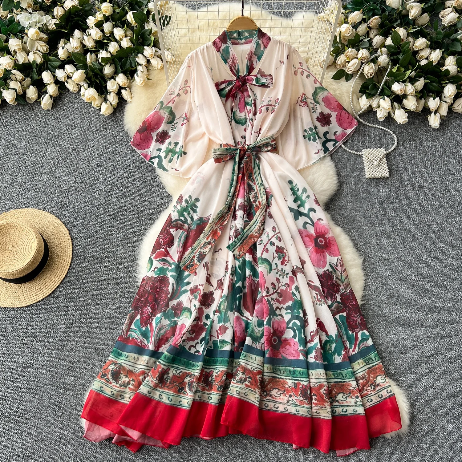 

Clothland Women Vintage Loose Floral Midi Dress Bow Tie Collar Flare Sleeve Sashes One Piece Summer Fashion Chic Dresses QD622