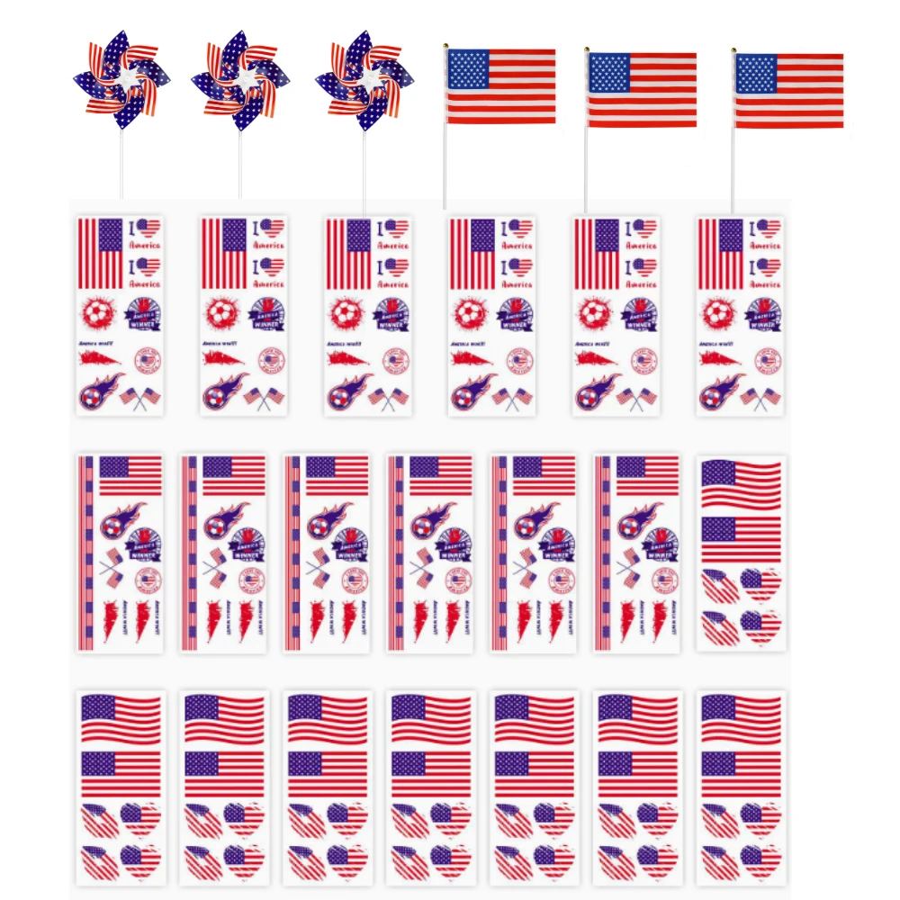 

26pcs 2026 Temporary Tattoos National Flag Stickers Fans Waterproof Fake Tattoo American Flag Windmill Celebration Supplies