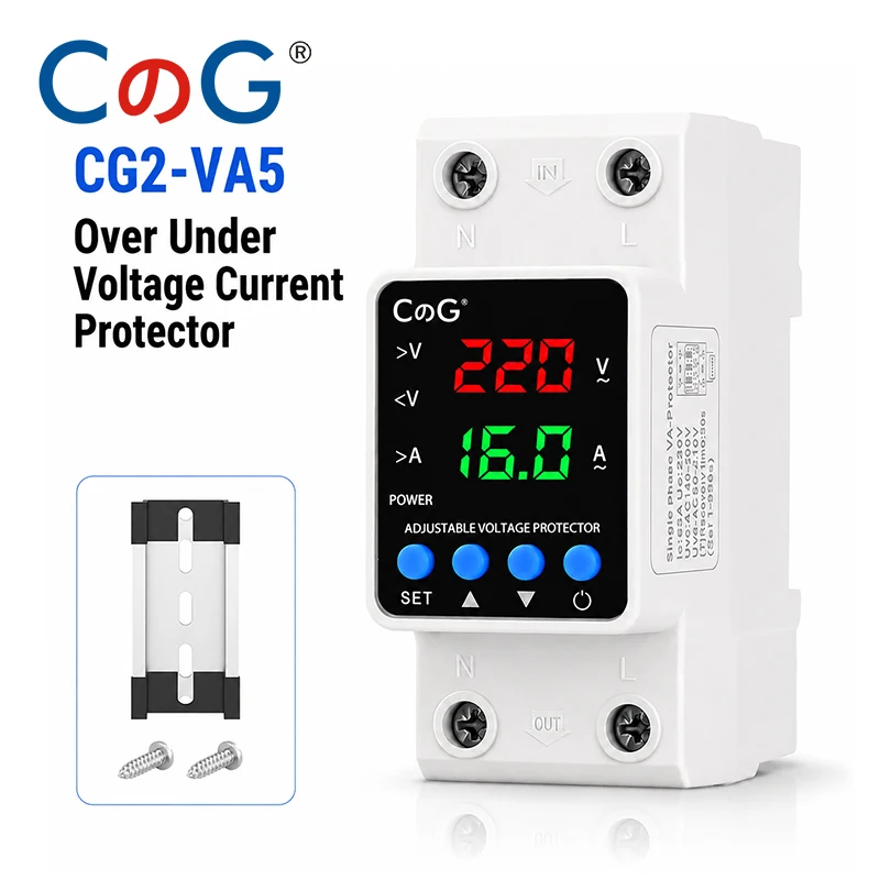 CG Dual Digital Display Adjustable Over Under Voltage Current Protector 40A 60A 110V 220V CG2-VA5 DIN Rail Mounting Protection