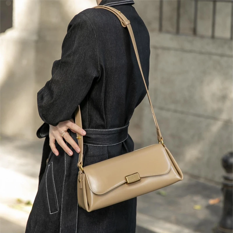 Fashion Long Handbag Retro Versatile Smooth Genuine Leather Armpit Bag Lady Commuter Crossbody Bag Women's New One Shoulder Bag