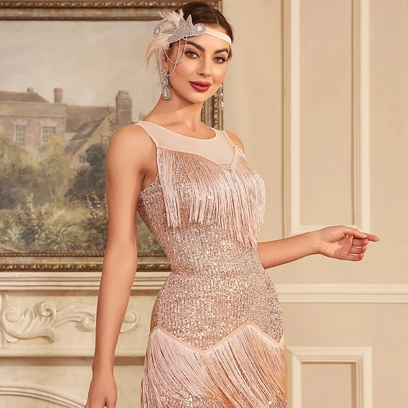 Rose Gold Jewel Neck 1920s Gatsby Dress with Fringe Sexy Sleeveless Mesh Sequined Knee Length Party Dress