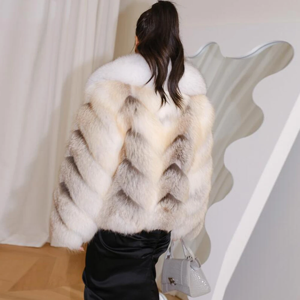 Denny&Dora Women Fox Fur Jackets Winter Overcoat Natural Fur Coats Women Lapel Collar Woman Overcoats