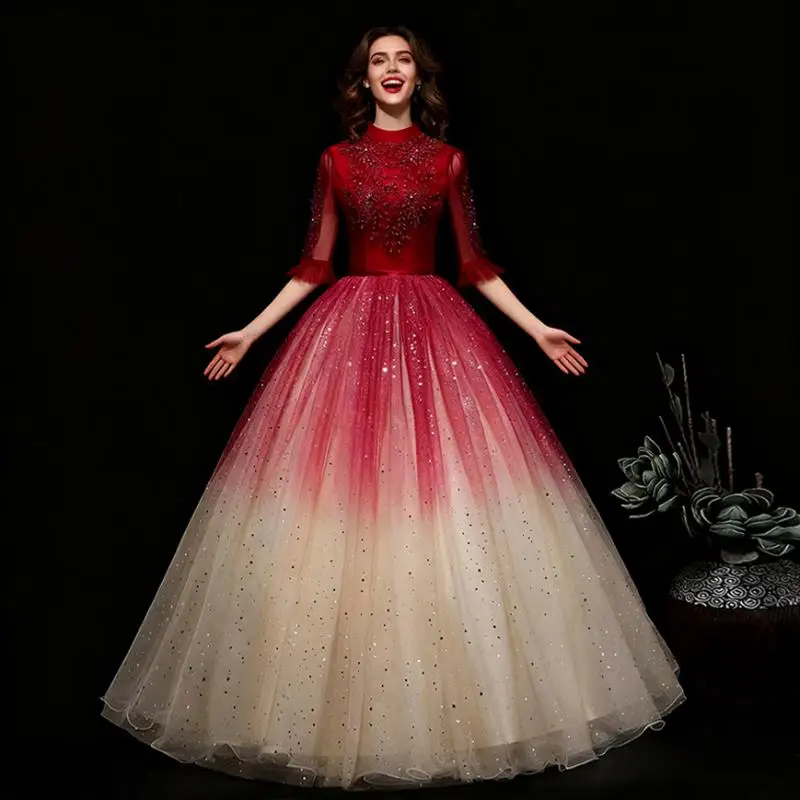 Palace Gradient Temperament Wedding Dress Bride's Dream Princess Performance Banquet Starry Sky Fluffy Skirt Customized