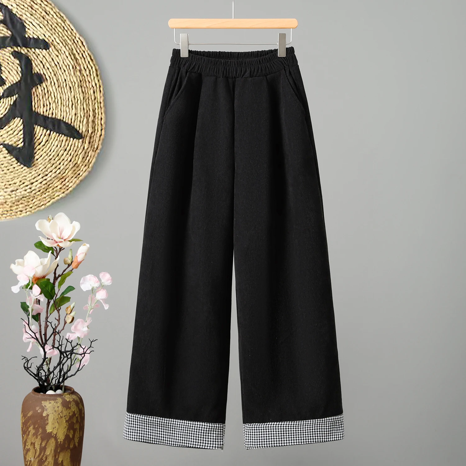 กางเกงขายาวทรงตรงผ้าลูกฟูกสไตล์วินเทจใหม่สำหรับฤดูหนาว ทรงหลวมสบายๆ เอวสูง ผ้าฝ้ายผสมโพลีเอสเตอร์